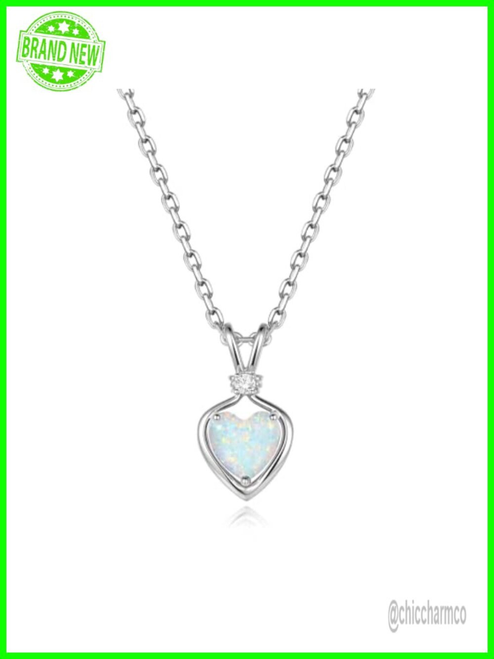 14K White Gold Opal Heart Necklace Lab Diamond Pendant 16+2 Extender